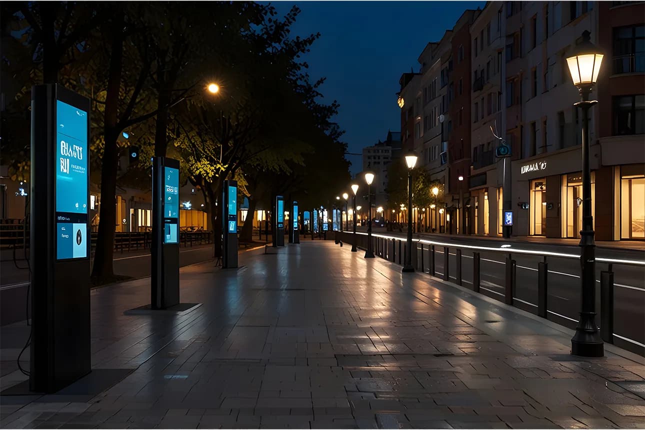 Modern Urban Street with Smart Technology IoT Streetlights and Interactive Features.