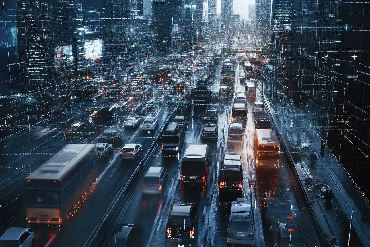 A digital network overlay on traffic, showcasing a fleet management system in action, optimizing efficiency and logistics in a bustling city