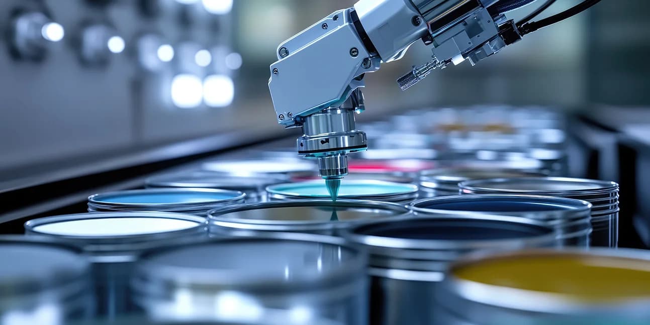 Robot arm mixing pots of paint.