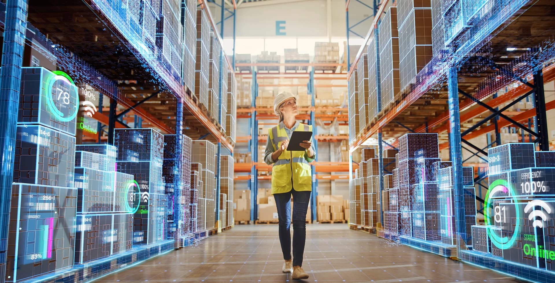 Worker using tablet in warehouse