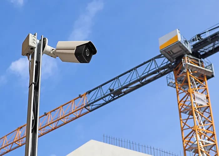 Image of a security camera at the construction site with a tower crane
